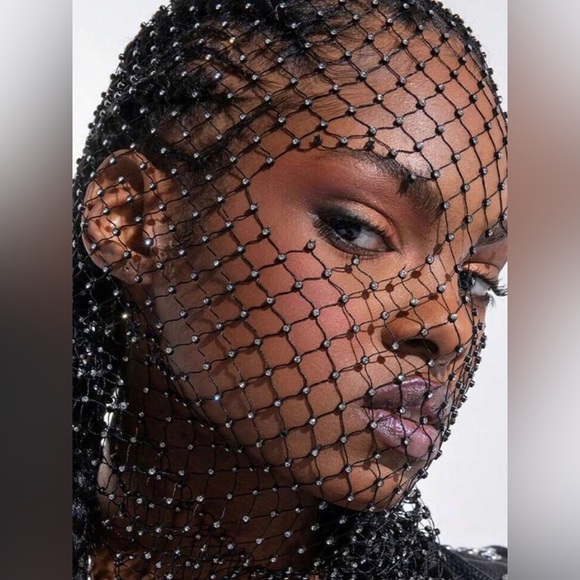 New Unique Black Mesh Face Mask / Headpiece Crystal Body Jewelry - Picture 5 of 16
